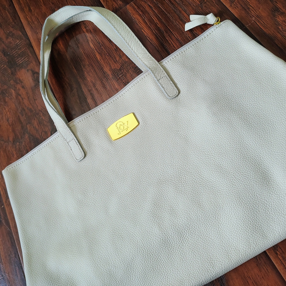 Joy Mangano Cream Tote with Gold Logo Plaque - Picture 2 of 5